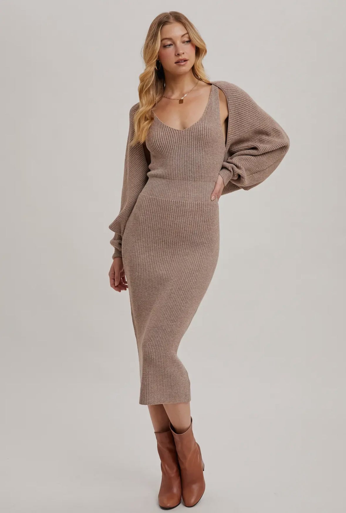 V-Neck Knit Midi Dress and Knit Shrug Set