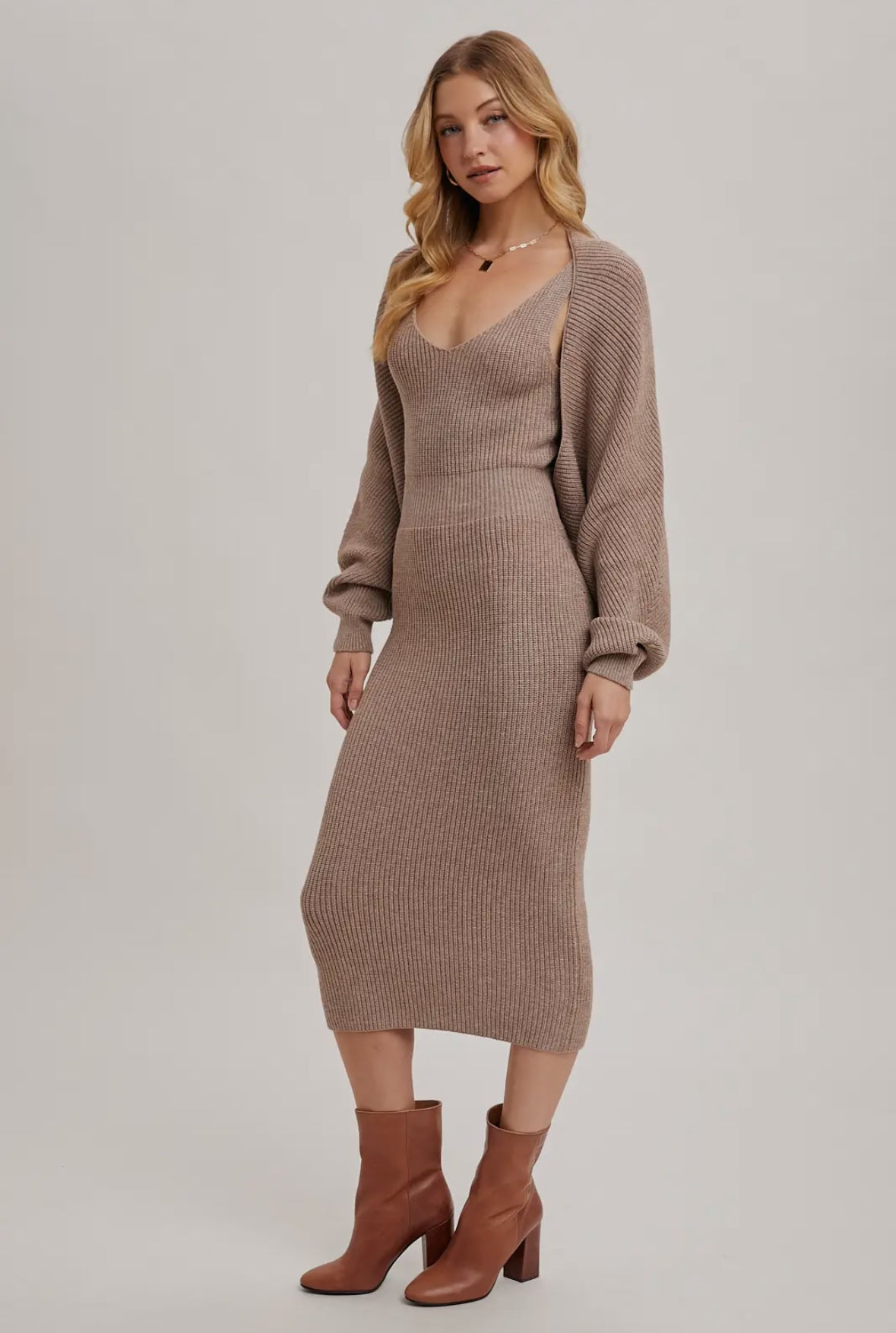 V-Neck Knit Midi Dress and Knit Shrug Set