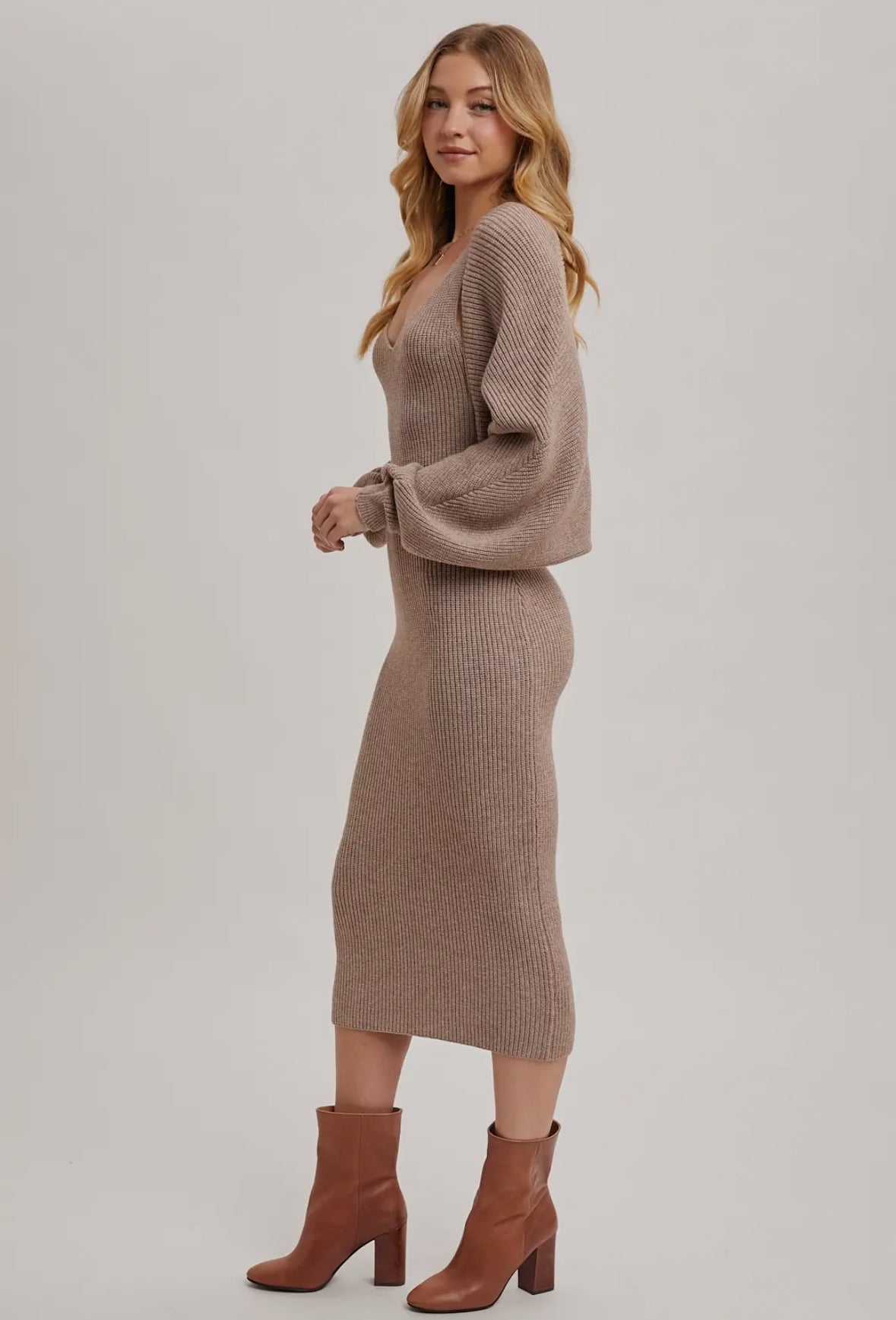 V-Neck Knit Midi Dress and Knit Shrug Set